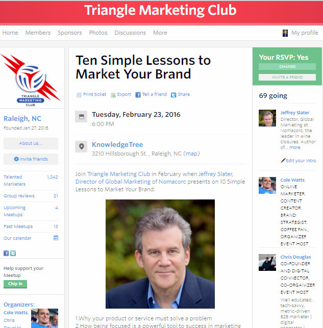 Hear Me Speak at The Triangle Marketing Club Meetup Tuesday Feb 23rd at 6:00 PM