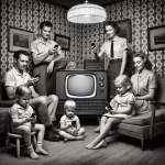 DALL·E 2024-12-30 08.45.40 – A black and white photograph of a family sitting around an old-school TV in a living room from the 1950s or 1960s, but each person is holding an iPhon